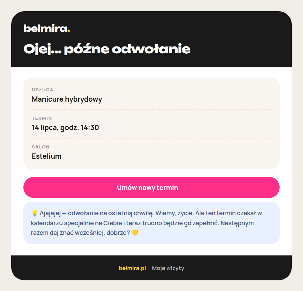 Mail Belmiry „Ojej… późne odwołanie
